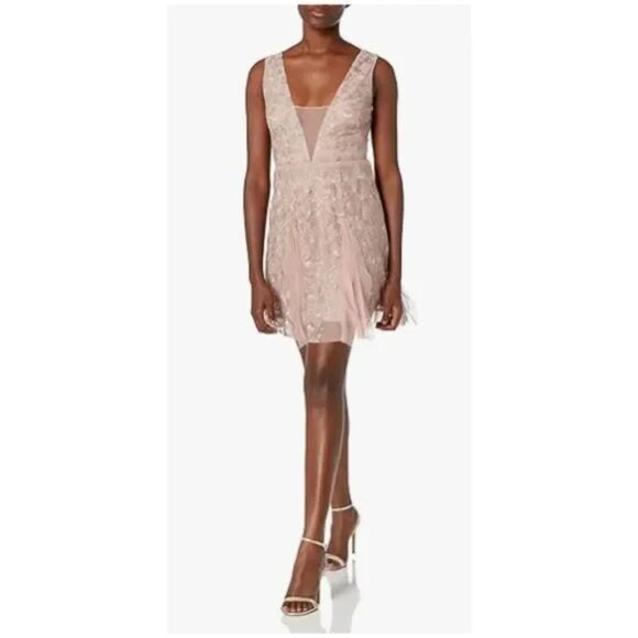 BCBGMaxazria Pink Phoebe Floral Embroider Lace Overlay Cocktail Mesh Mini Dress - Picture 2 of 4